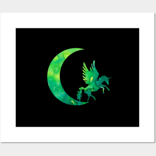 Green Crescent Moon and Unicorn Posters and Art